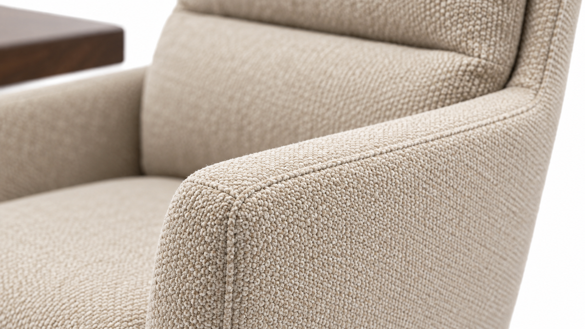 Detailfoto van Ebon Eettafelset met 4 Enzo Stoelen - Beige / Donker hout
