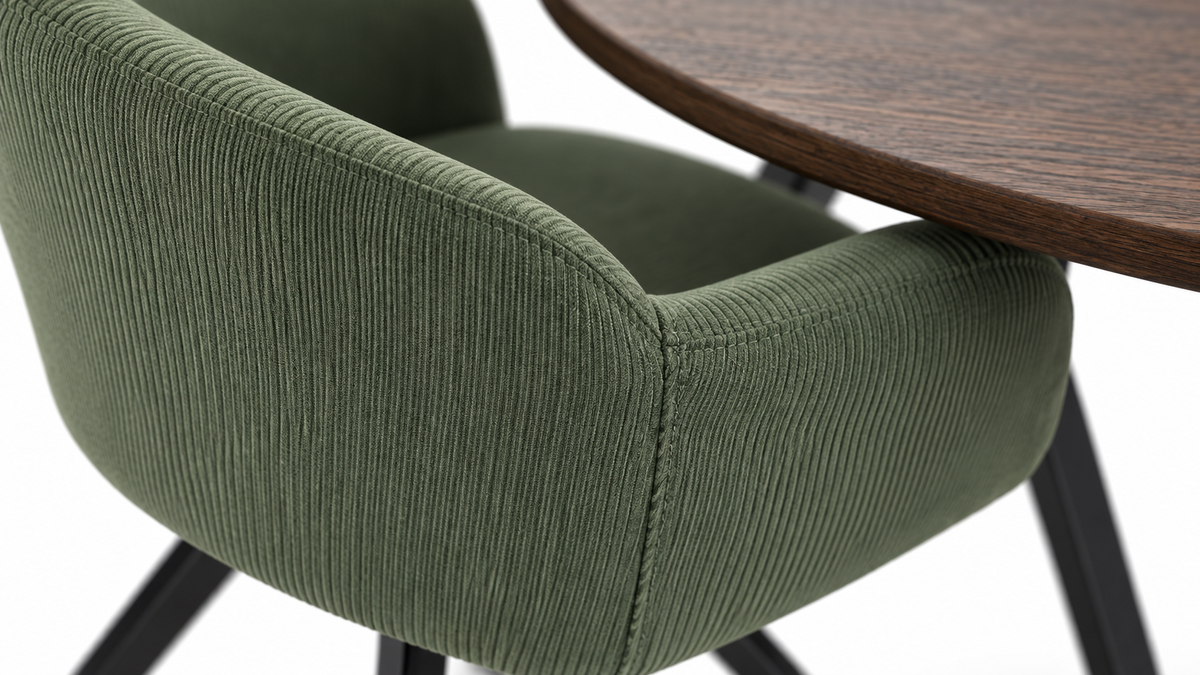 Detailfoto van Gyrus Eettafelset met 4 Loren Stoelen - Groen / Donker hout