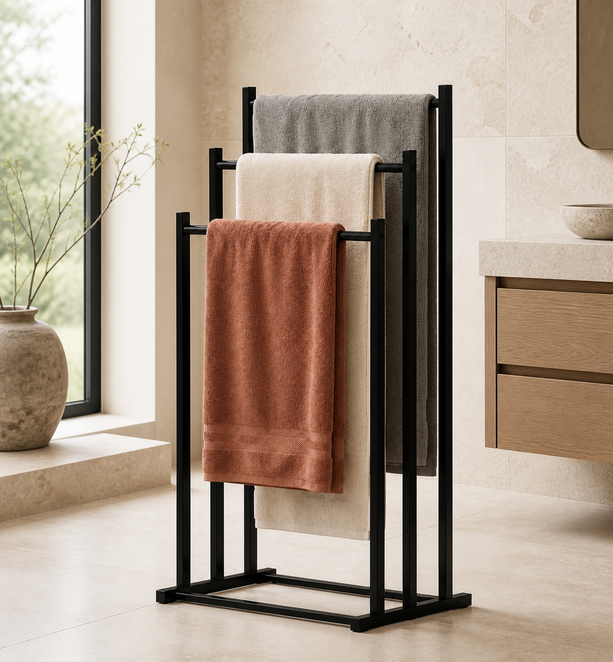 Sivableu Handdoekrekken collectie in een rustig premium interieur