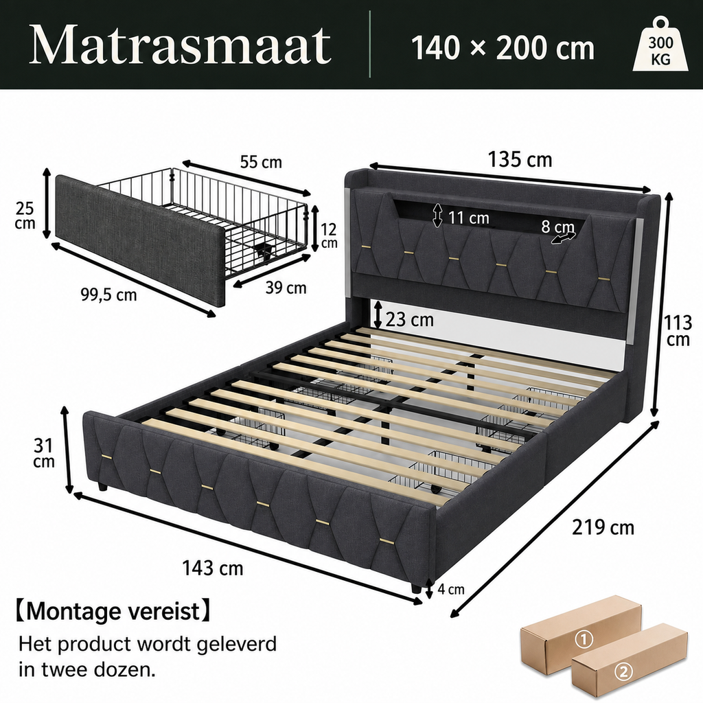 Elan bedframe met alle productspecifieke afmetingen in centimeter