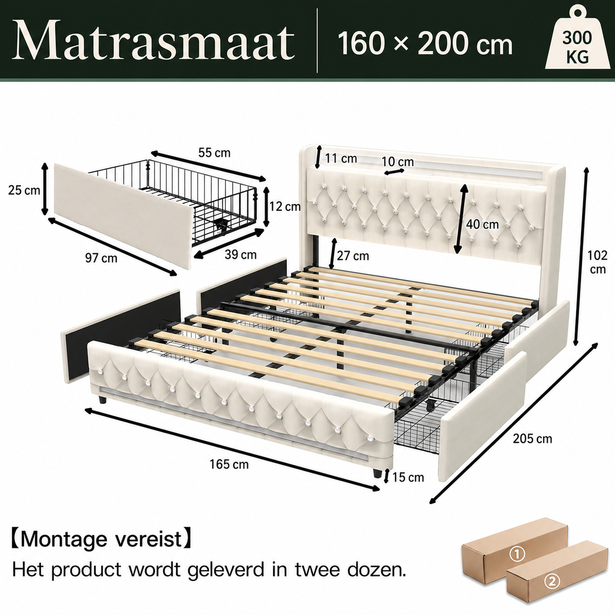 Lumi bedframe met alle productspecifieke afmetingen in centimeter
