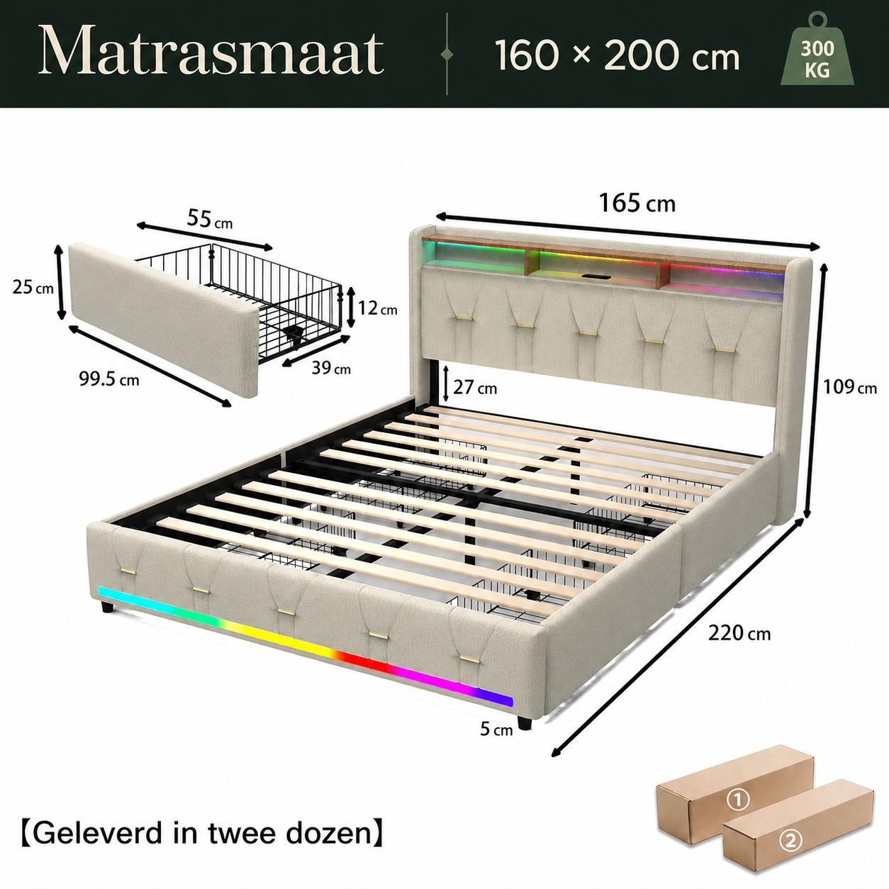 Mira bedframe met alle productspecifieke afmetingen in centimeter