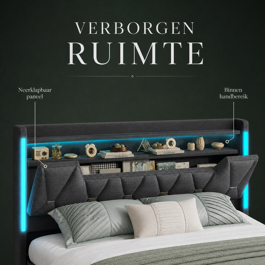 Elan bedframe met verborgen opbergruimte in het hoofdbord