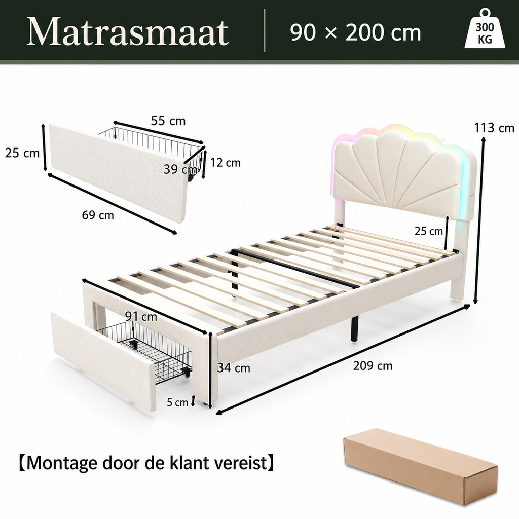 Nola Teddy bedframe 90 x 200 cm met productspecifieke afmetingen