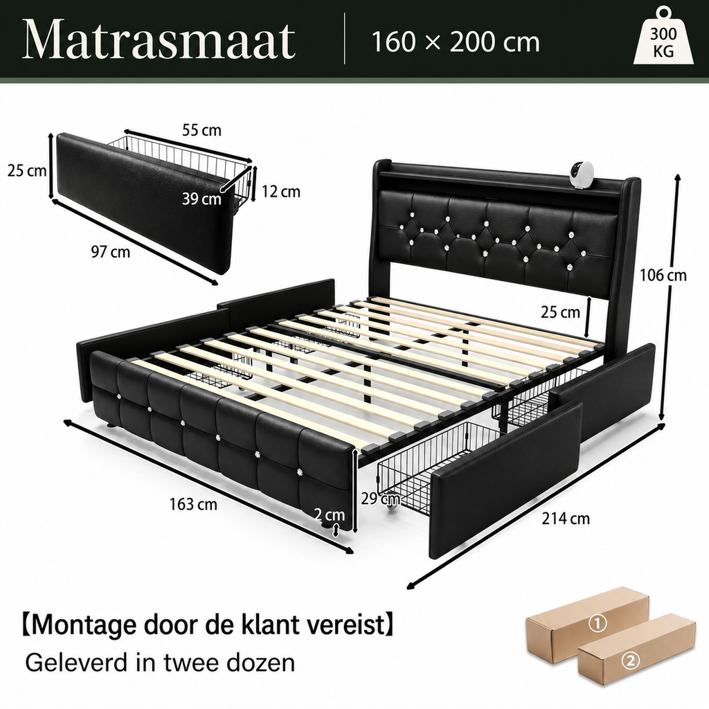 Celeste bedframe met alle productspecifieke afmetingen in centimeter