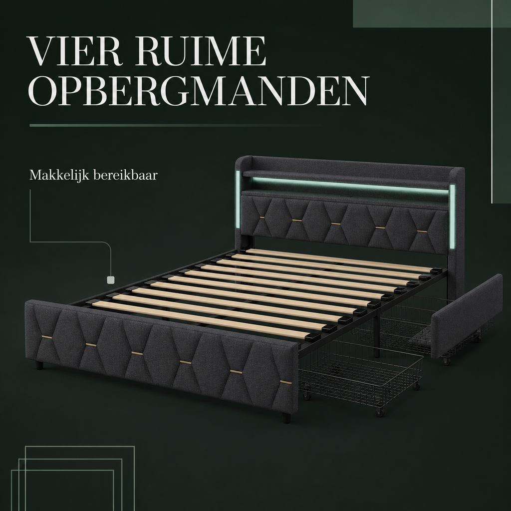 Elan bedframe met vier verrijdbare opbergmanden