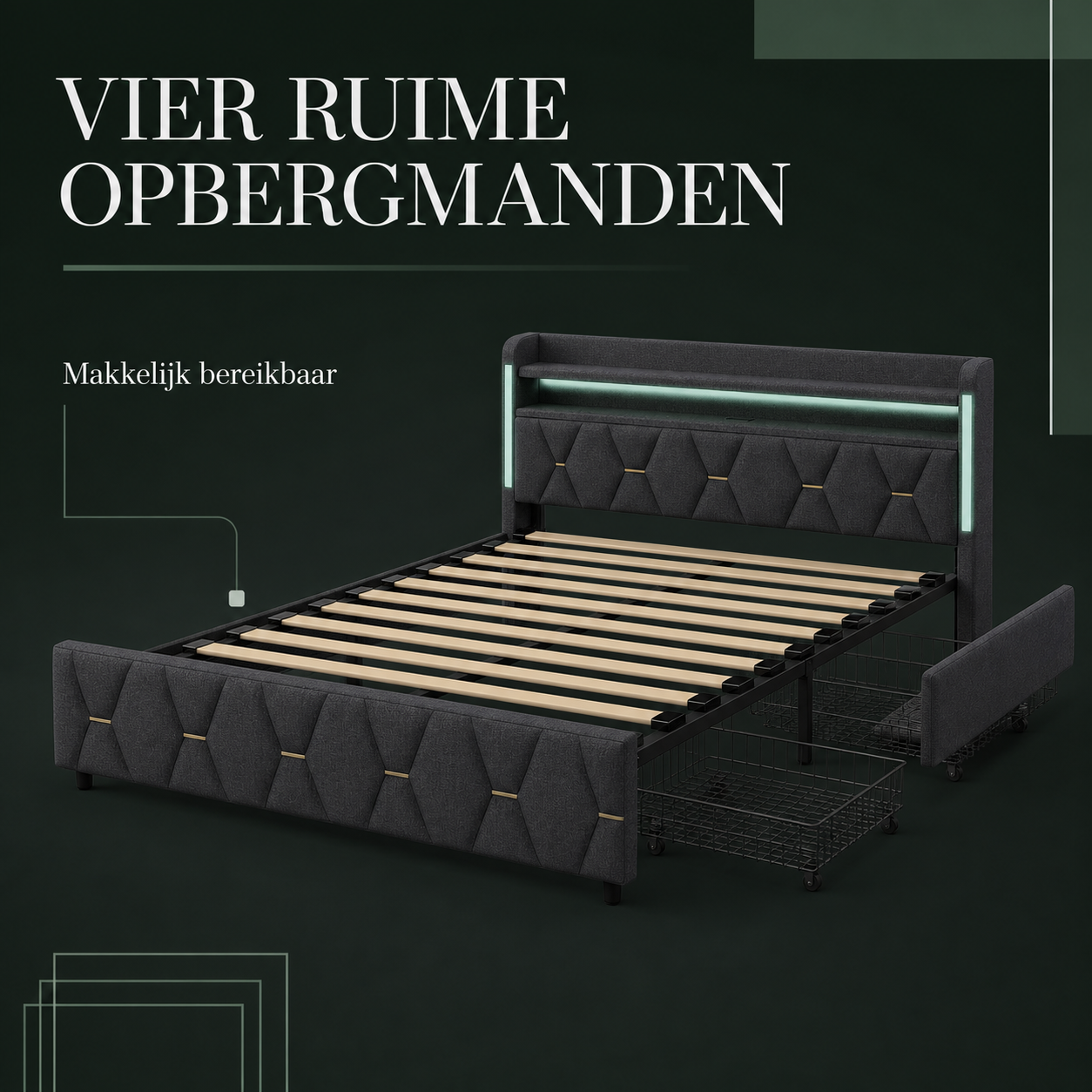 Elan bedframe met vier verrijdbare opbergmanden