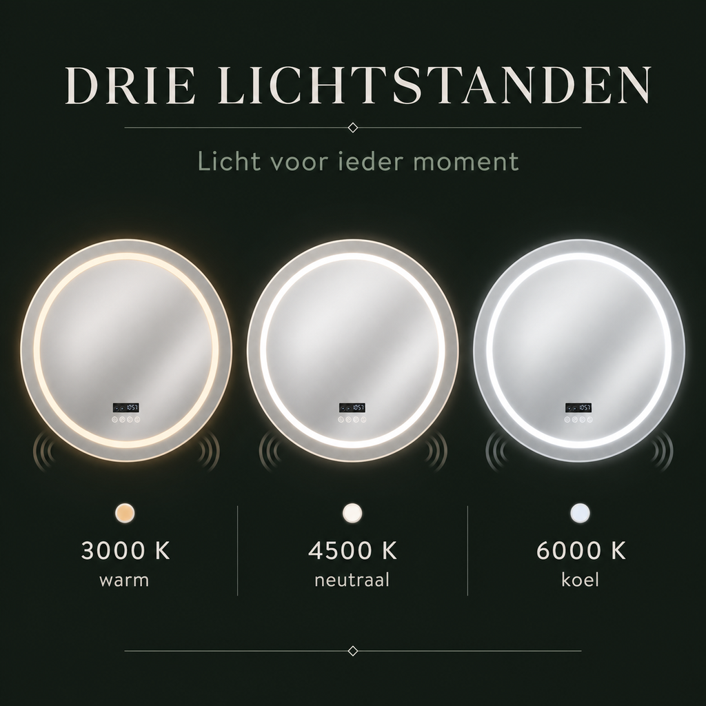 Sound LED spiegel met drie lichttemperaturen