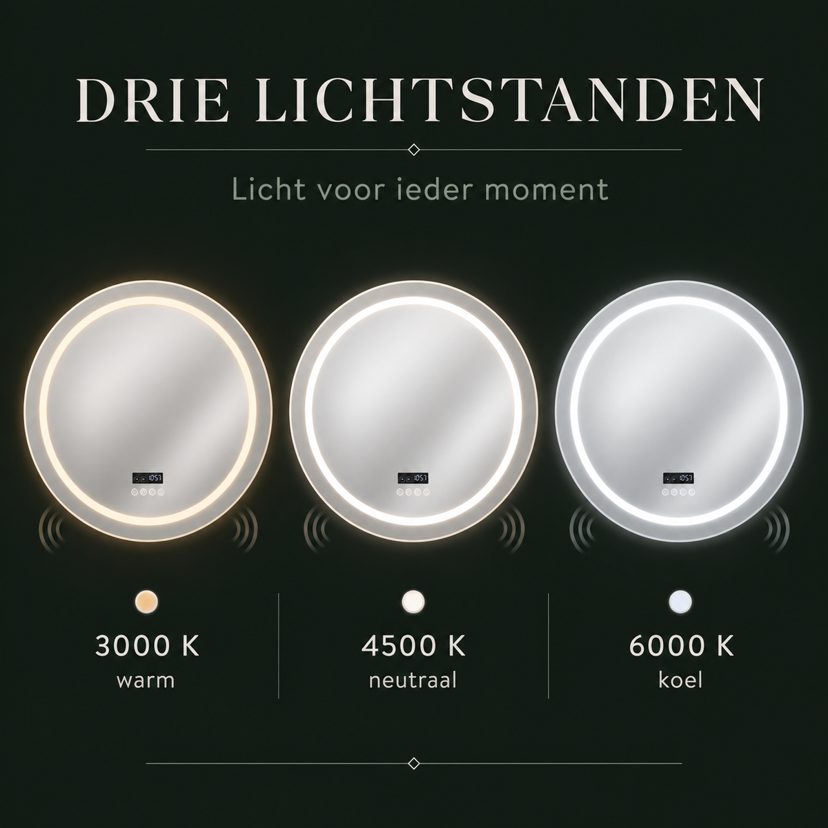 Sound LED spiegel met drie lichttemperaturen