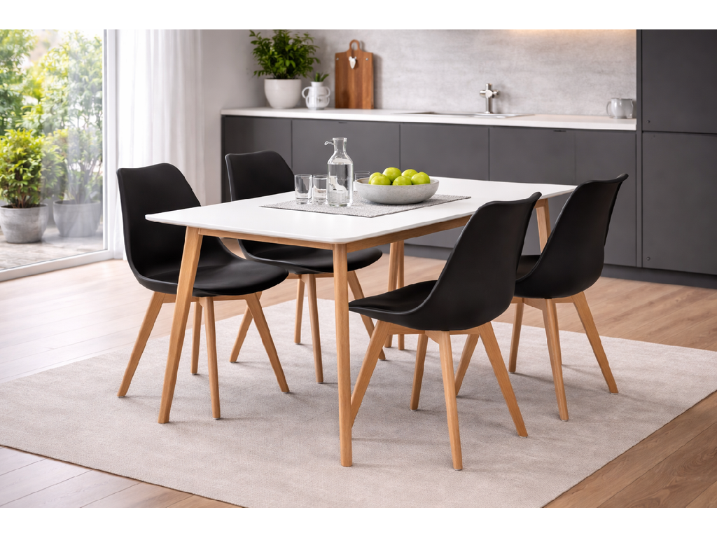Scandinavia Eettafelset met 4 Scandino Stoelen - Zwart / Wit / Licht hout - afbeelding 2