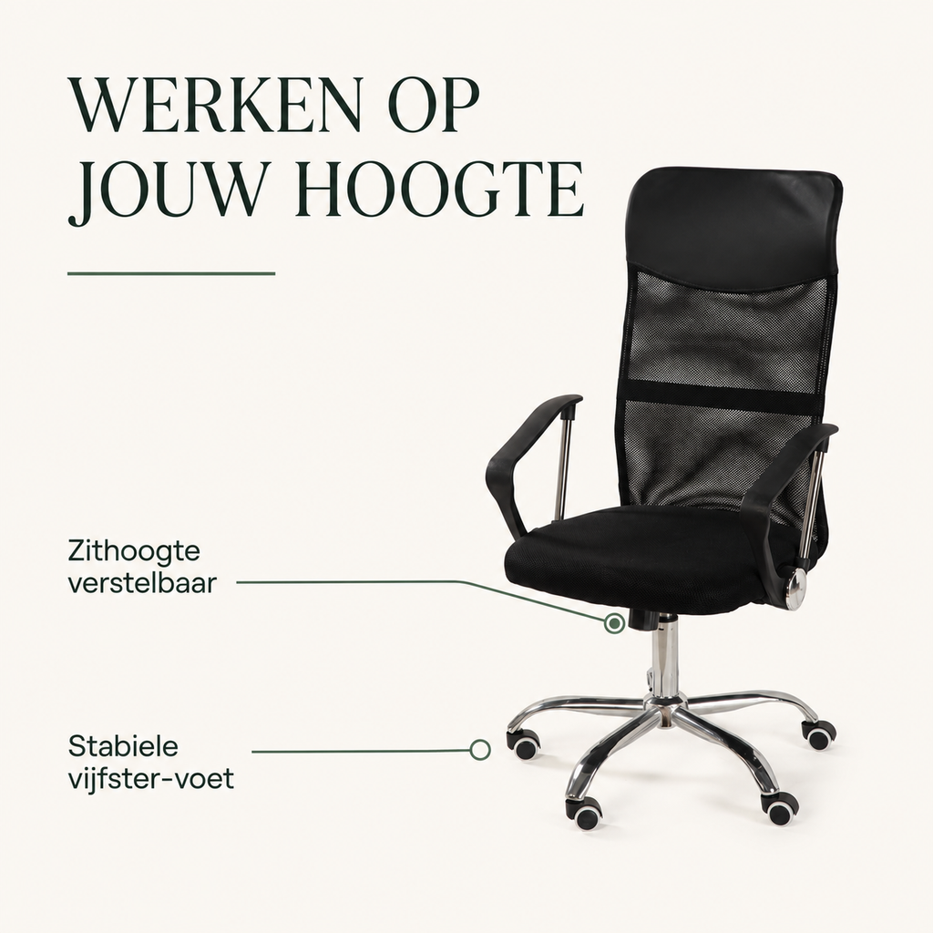 AERO infographic verstelbare zithoogte en stabiele vijfster-voet