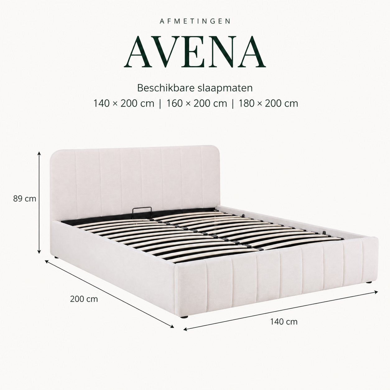 Avena bedframe afmetingen: 140 cm breed, 200 cm lang en 89 cm hoog