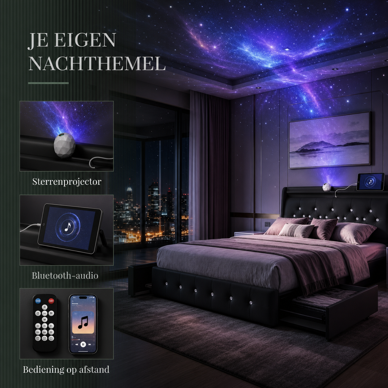 Celeste bedframe sterrenprojector en audio