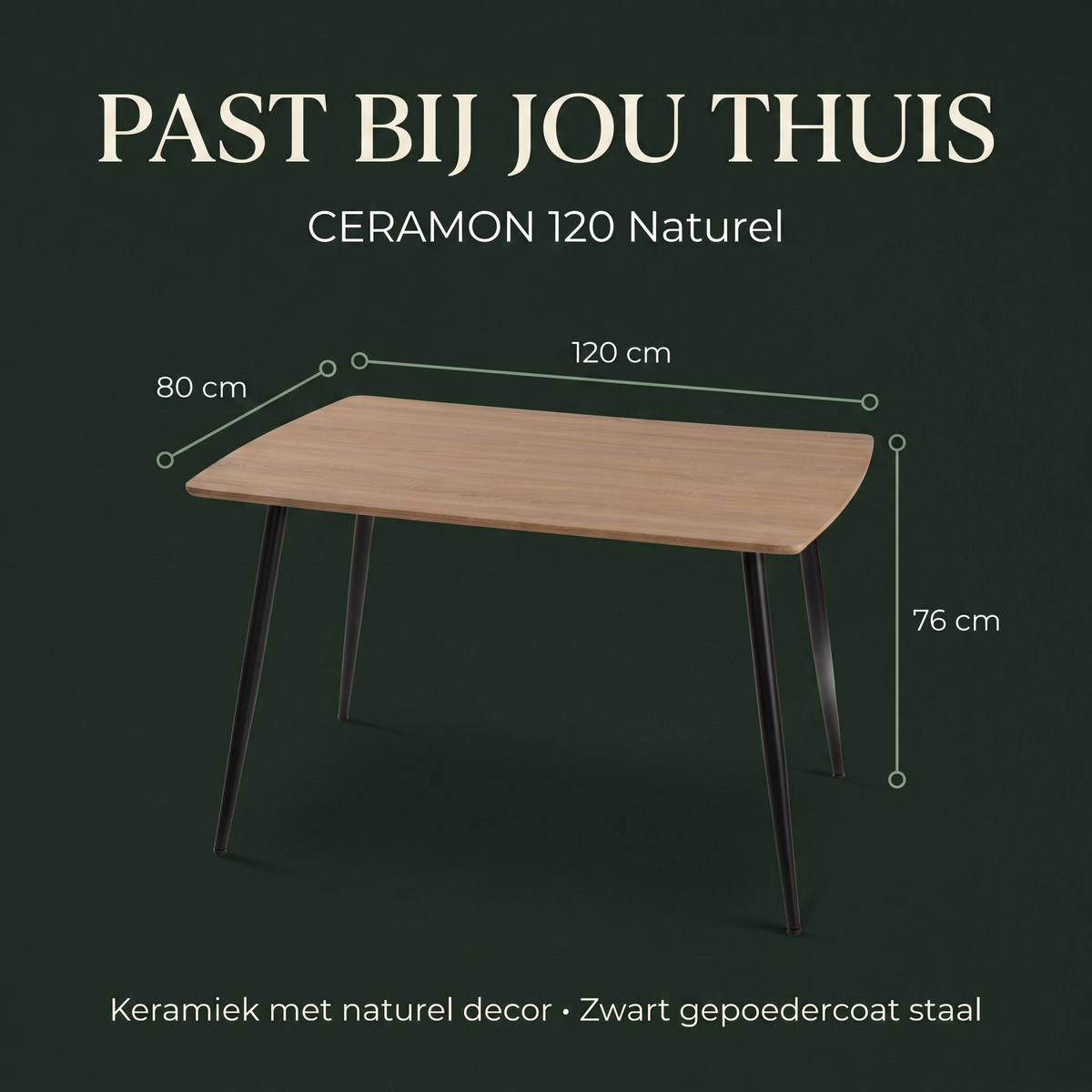 Eettafel CERAMON 120 Naturel – afmetingen 120 × 80 × 76 cm
