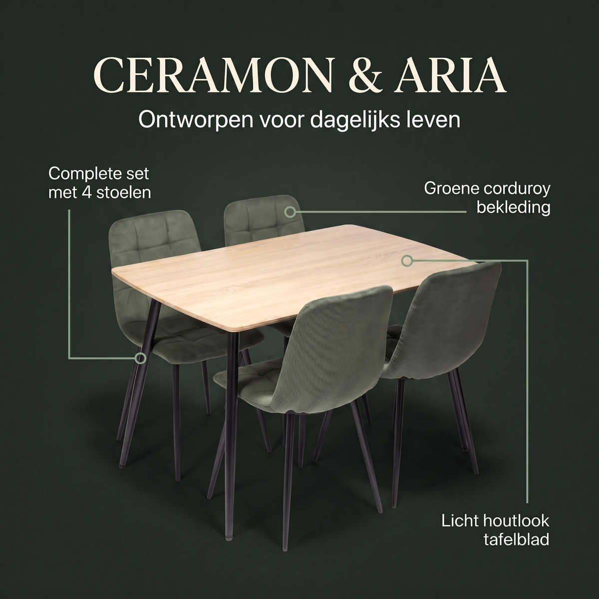 Ceramon Eettafelset met 4 Aria Stoelen - Groen / Licht hout – ontwerp en materialen