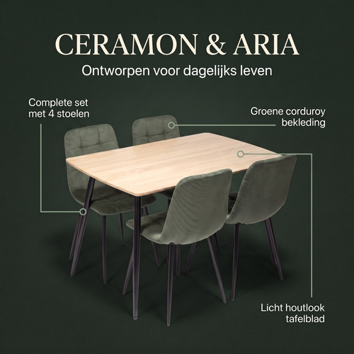 Ceramon Eettafelset met 4 Aria Stoelen - Groen / Licht hout – ontwerp en materialen