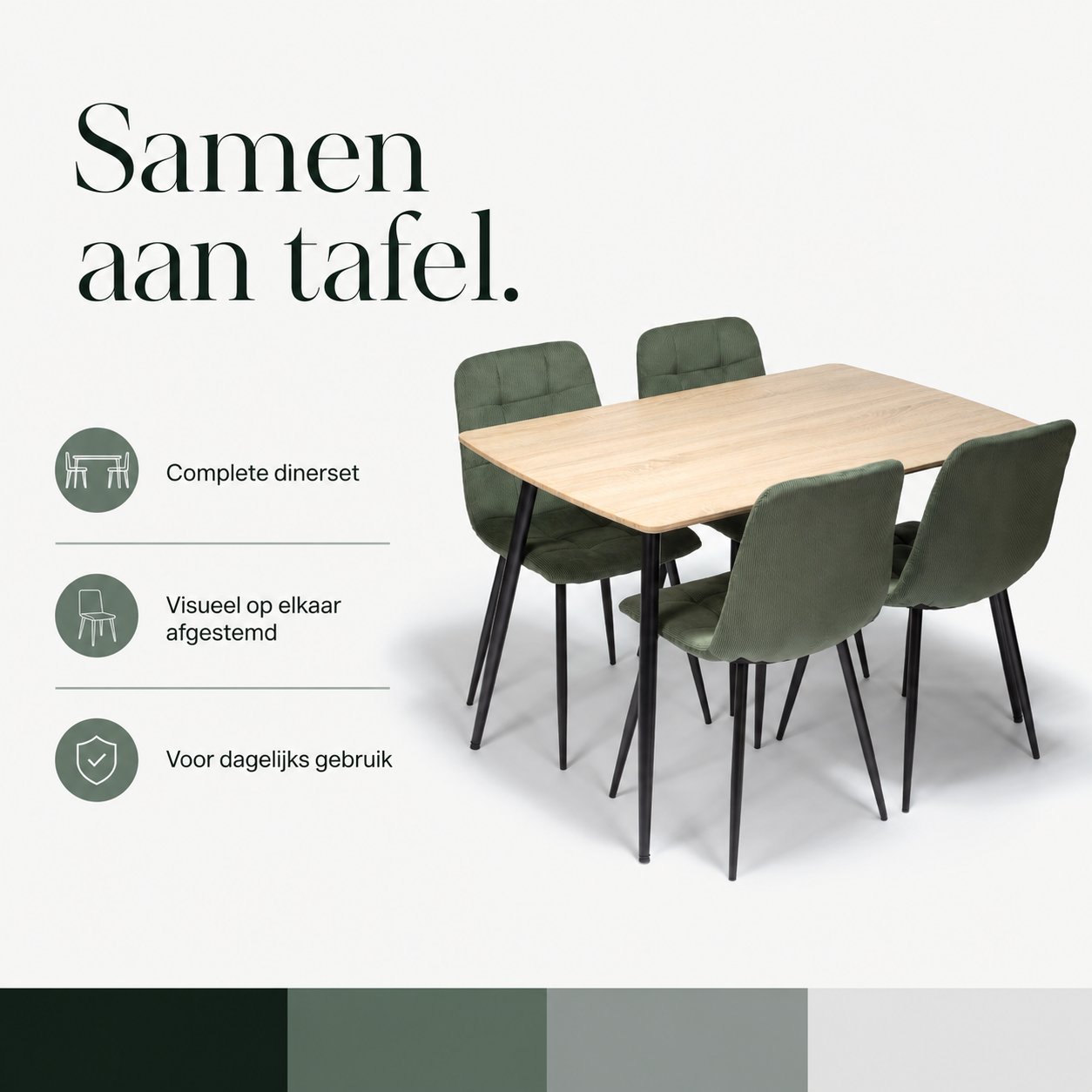 Ceramon Eettafelset met 4 Aria Stoelen - Groen / Licht hout infographic