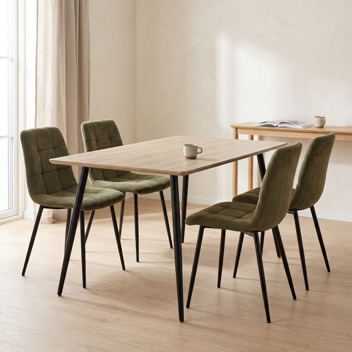 Ceramon Eettafelset met 4 Aria Stoelen - Groen / Licht hout – fotorealistisch interieur 1