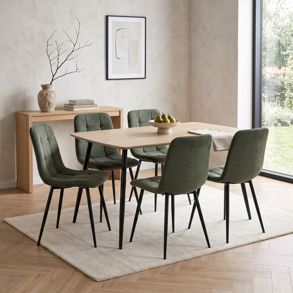 Ceramon Eettafelset met 4 Aria Stoelen - Groen / Licht hout – fotorealistisch interieur 3
