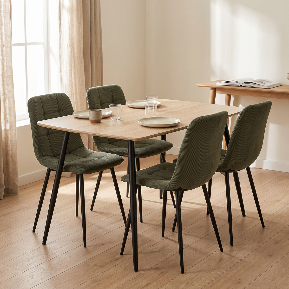 Ceramon Eettafelset met 4 Aria Stoelen - Groen / Licht hout – fotorealistisch interieur 4