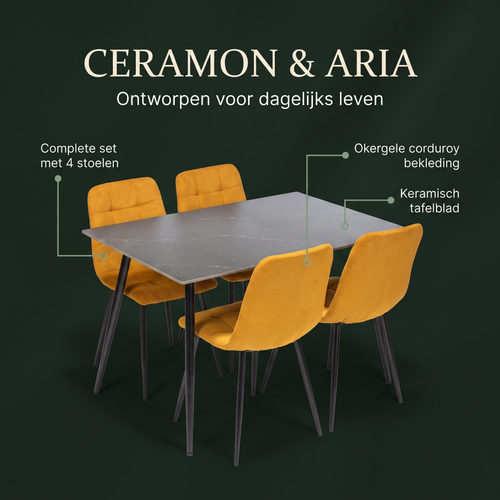 Ceramon Eettafelset met 4 Aria Stoelen - Zwart / Okergeel – ontwerp en materialen