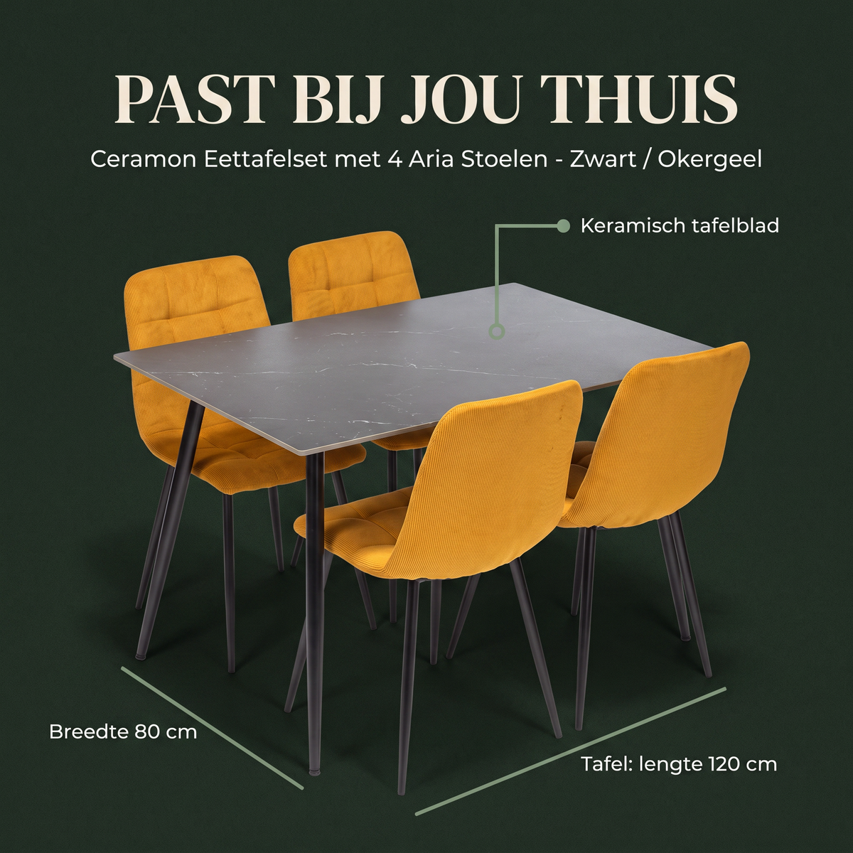 Ceramon Eettafelset met 4 Aria Stoelen - Zwart / Okergeel – afmetingen