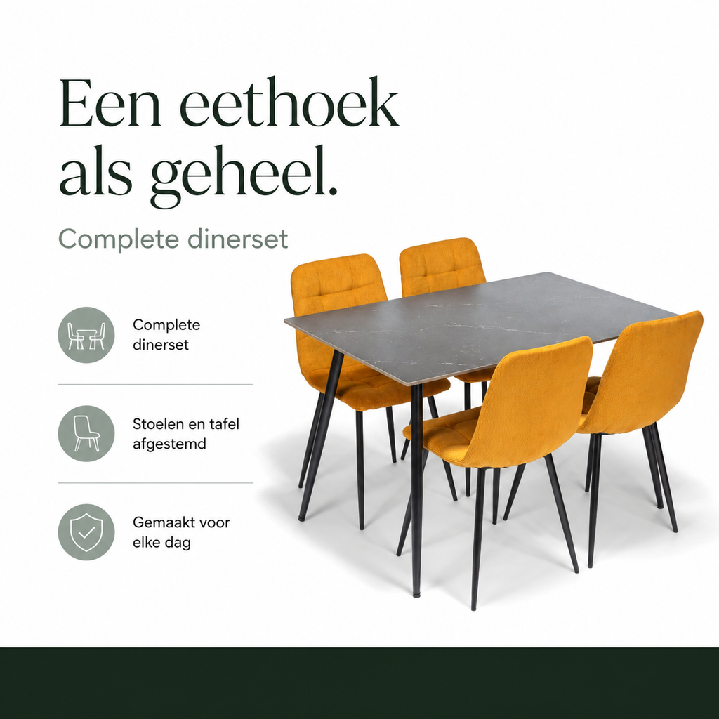 Ceramon Eettafelset met 4 Aria Stoelen - Zwart / Okergeel infographic