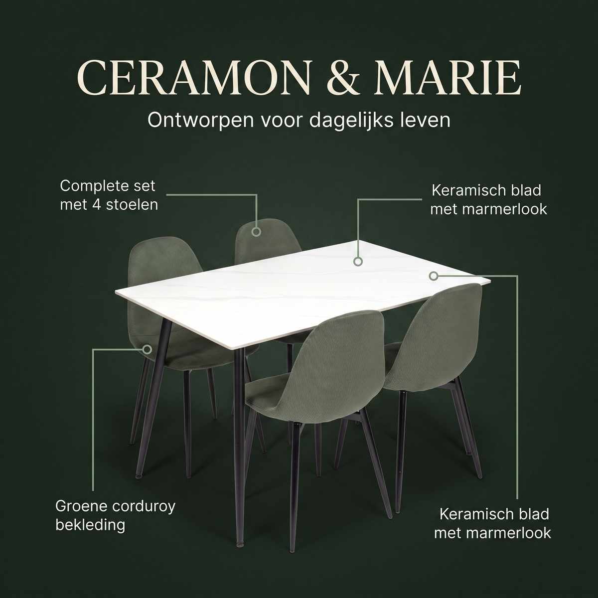 Ceramon Eettafelset met 4 Marie Stoelen - Wit / Groen – ontwerp en materialen