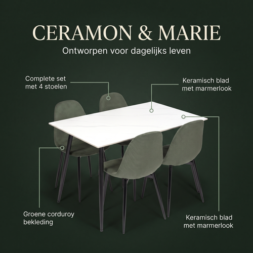 Ceramon Eettafelset met 4 Marie Stoelen - Wit / Groen – ontwerp en materialen