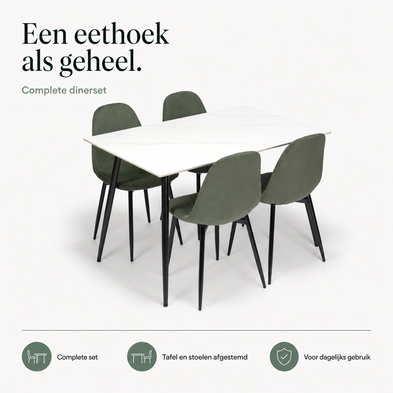 Ceramon Eettafelset met 4 Marie Stoelen - Wit / Groen infographic
