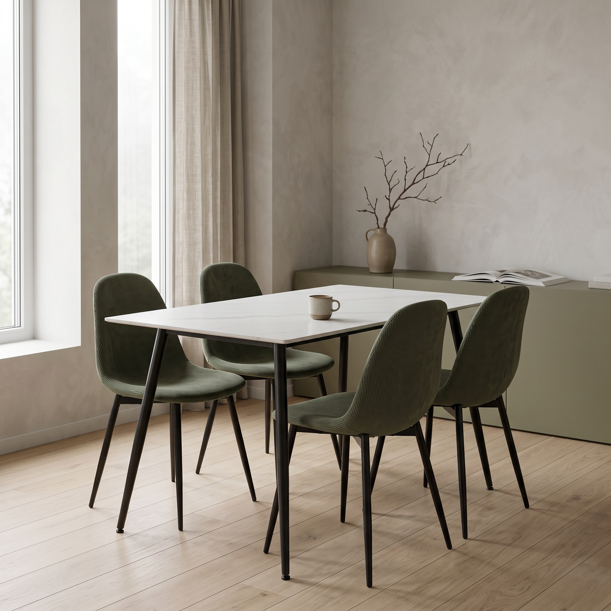 Ceramon Eettafelset met 4 Marie Stoelen - Wit / Groen – fotorealistisch interieur 3