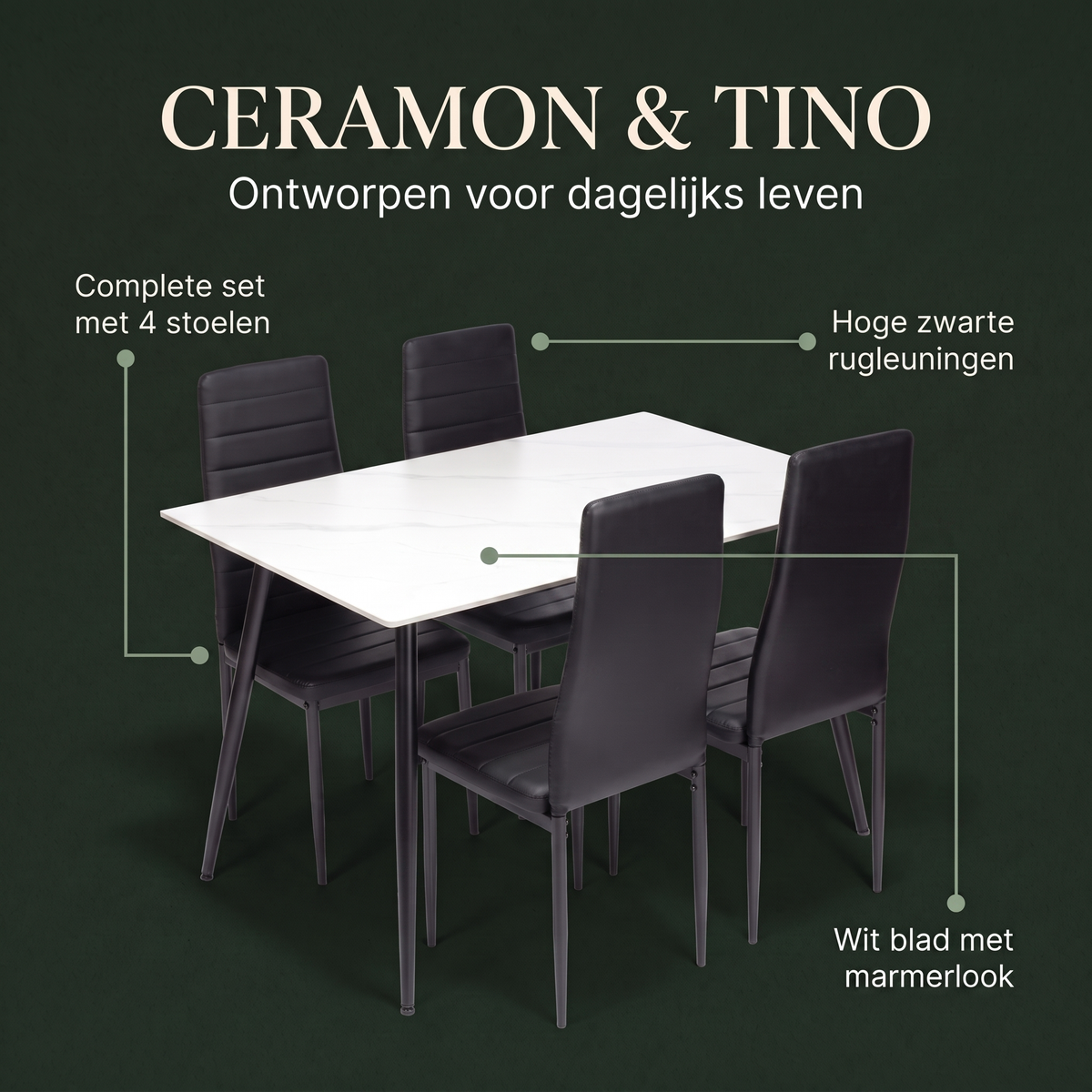 Ceramon Eettafelset met 4 Tino Stoelen - Wit – ontwerp en materialen
