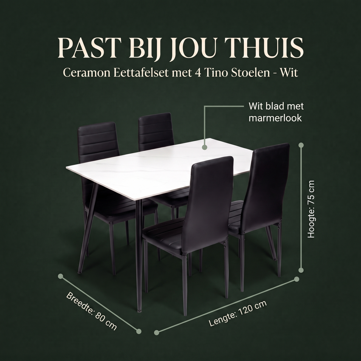 Ceramon Eettafelset met 4 Tino Stoelen - Wit – afmetingen