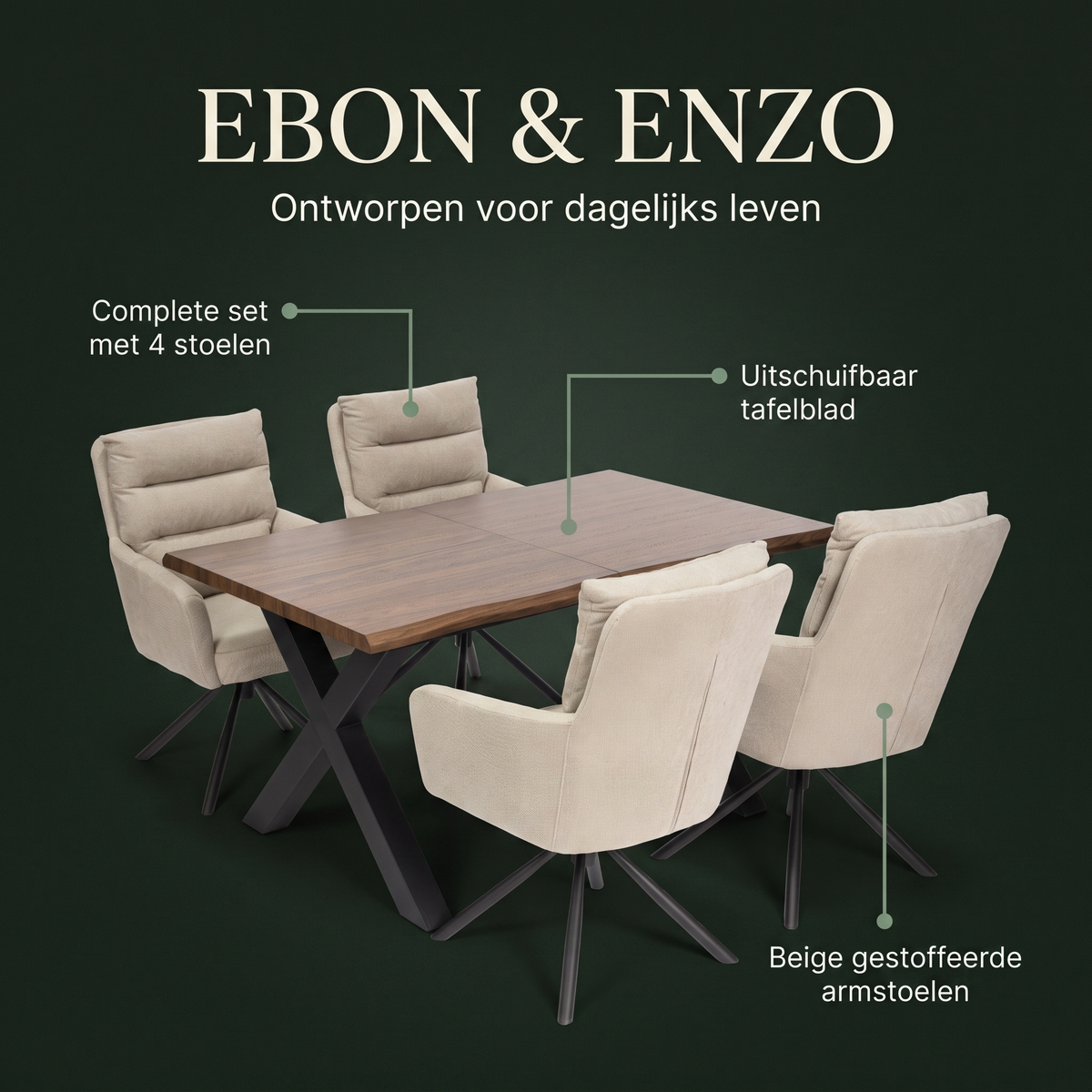 Ebon Eettafelset met 4 Enzo Stoelen - Beige / Donker hout – ontwerp en materialen