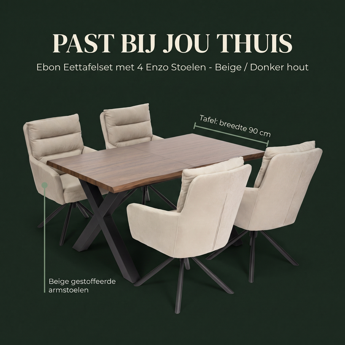 Ebon Eettafelset met 4 Enzo Stoelen - Beige / Donker hout – afmetingen