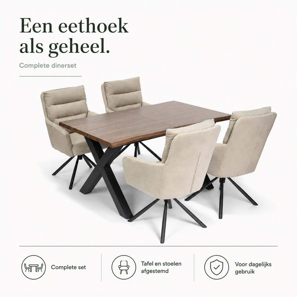 Ebon Eettafelset met 4 Enzo Stoelen - Beige / Donker hout infographic
