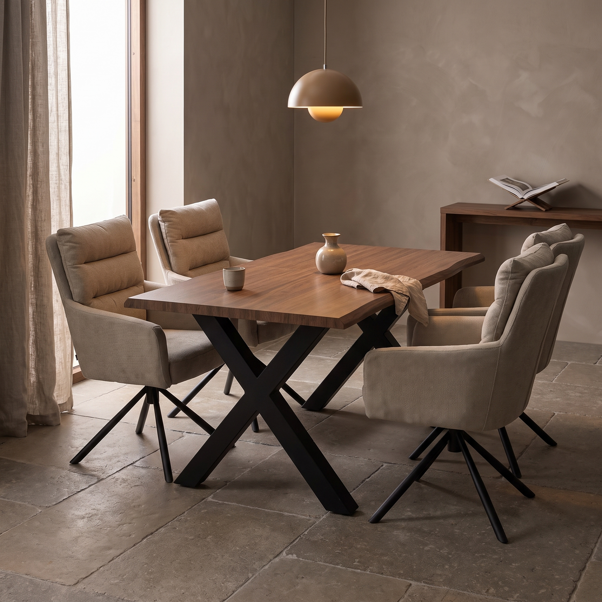 Ebon Eettafelset met 4 Enzo Stoelen - Beige / Donker hout – fotorealistisch interieur 2