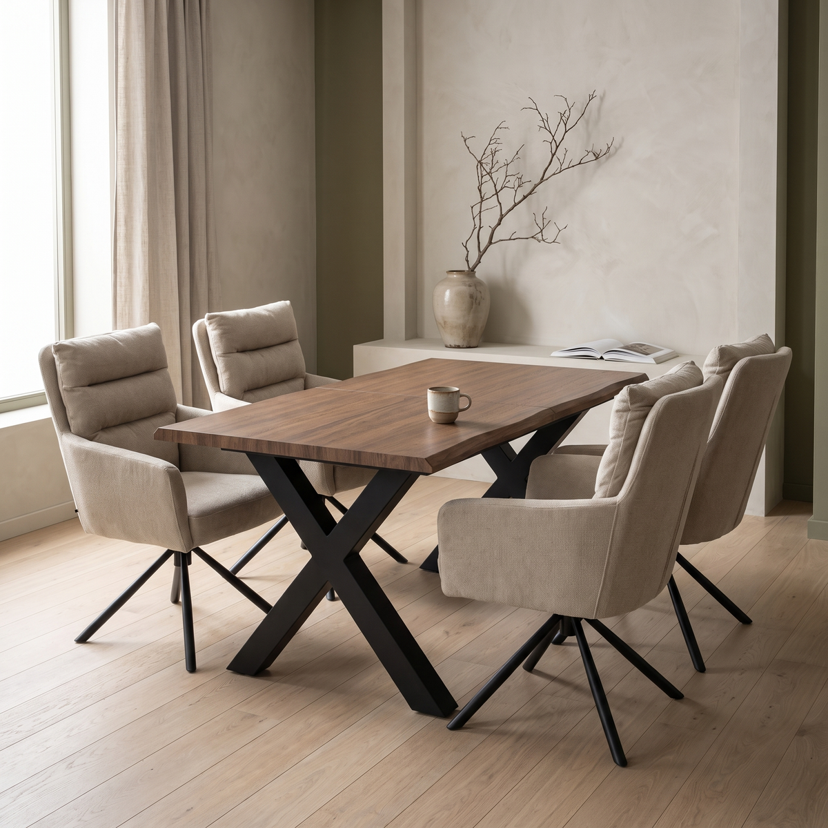 Ebon Eettafelset met 4 Enzo Stoelen - Beige / Donker hout – fotorealistisch interieur 3