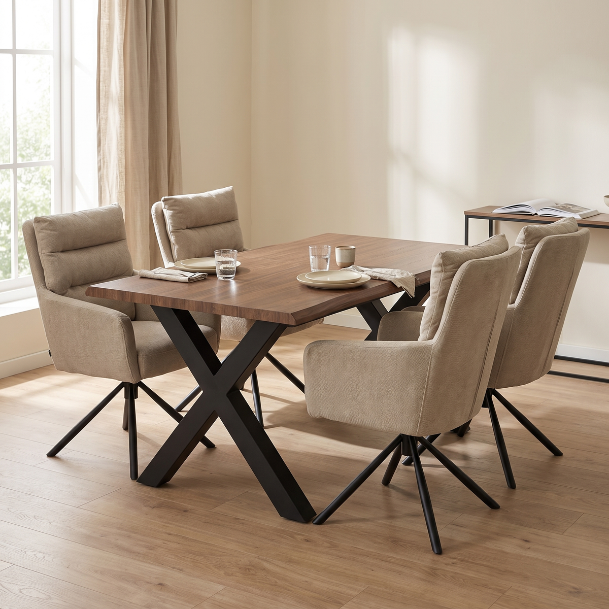 Ebon Eettafelset met 4 Enzo Stoelen - Beige / Donker hout – fotorealistisch interieur 4