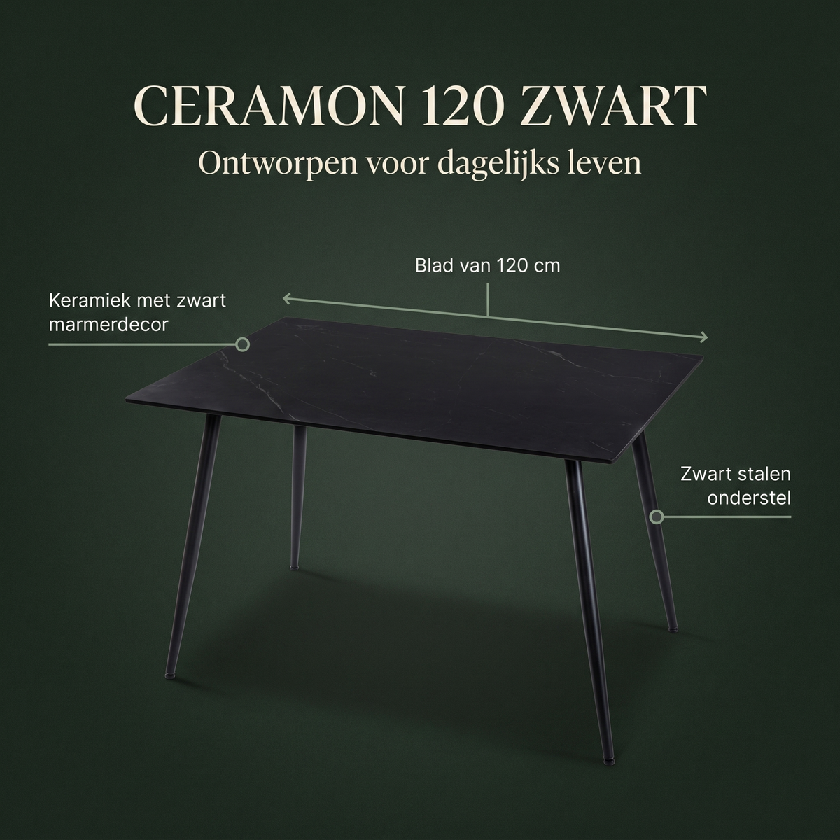 Eettafel CERAMON 120 Zwart – ontwerp en materialen