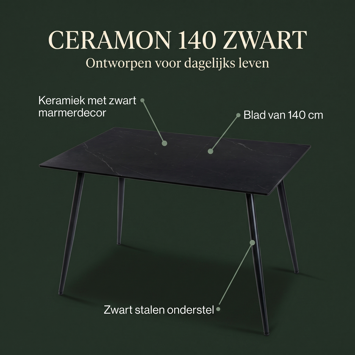 Eettafel CERAMON 140 Zwart – ontwerp en materialen