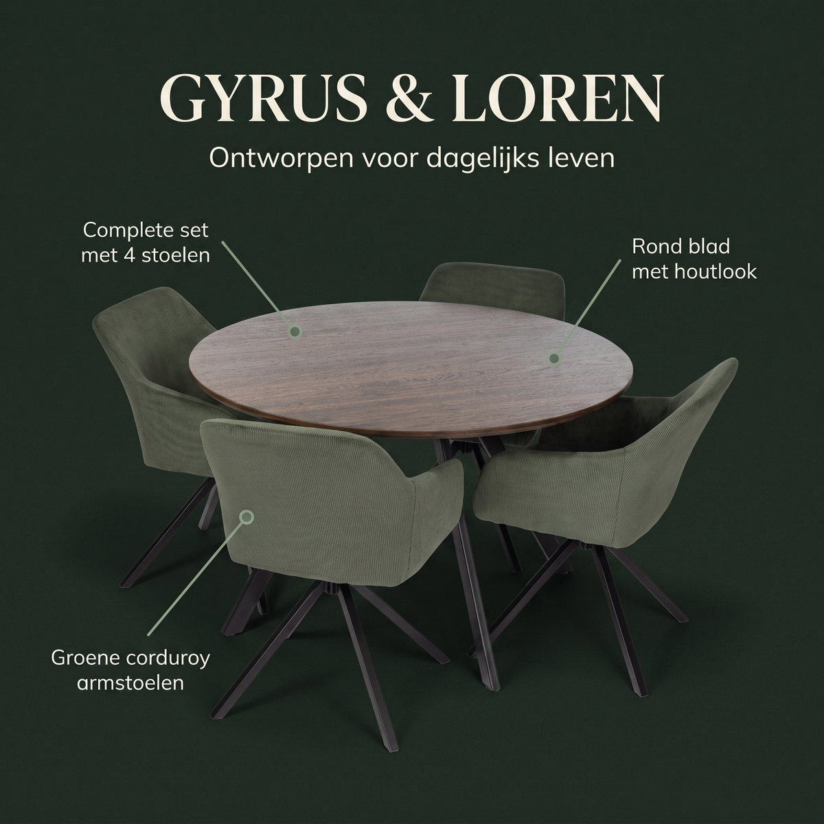 Gyrus Eettafelset met 4 Loren Stoelen - Groen / Donker hout – ontwerp en materialen