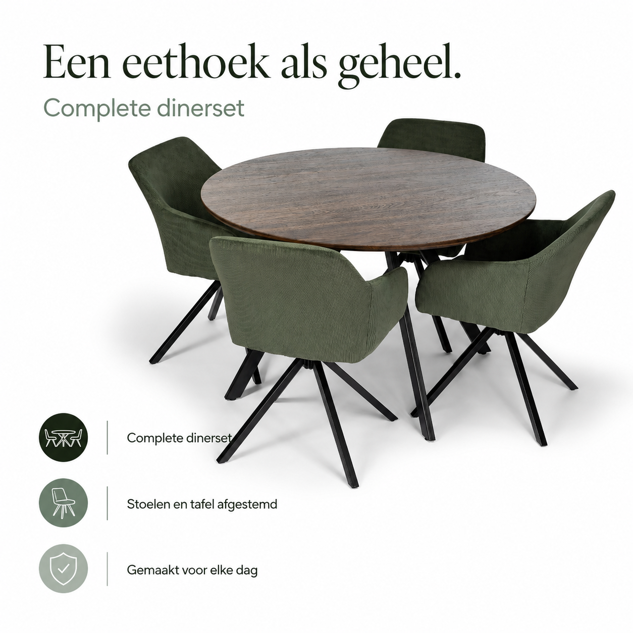 Gyrus Eettafelset met 4 Loren Stoelen - Groen / Donker hout infographic