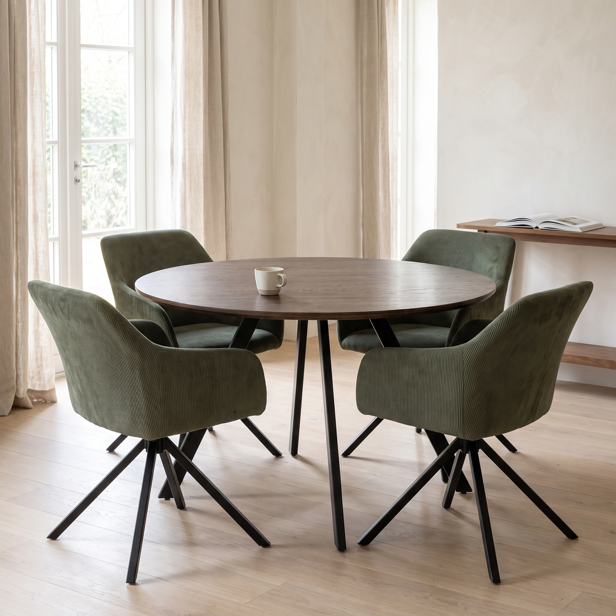 Gyrus Eettafelset met 4 Loren Stoelen - Groen / Donker hout – fotorealistisch interieur 1