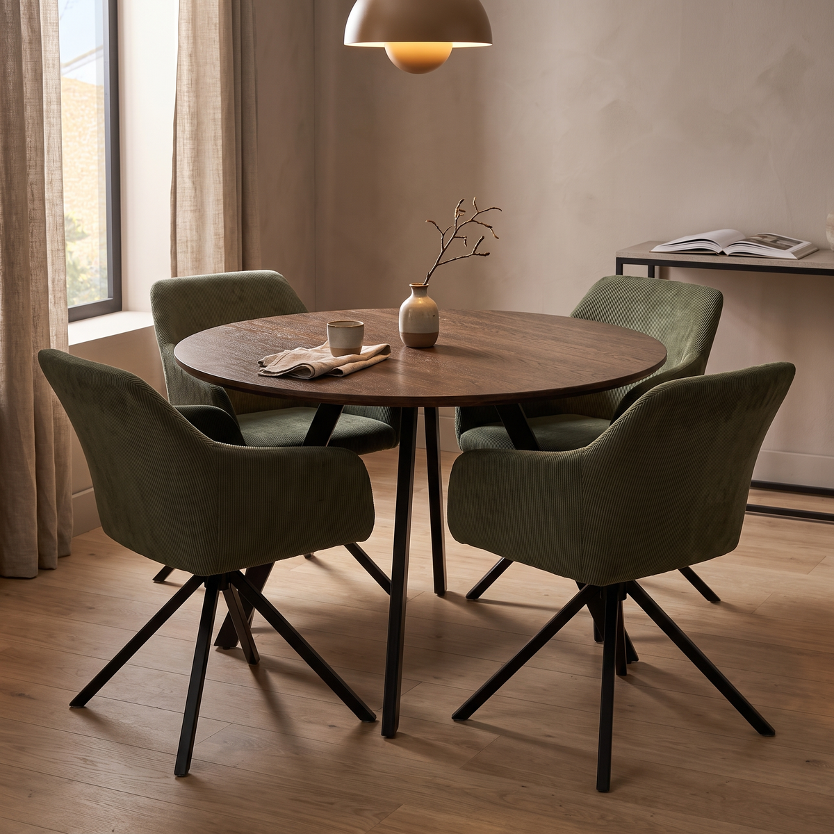 Gyrus Eettafelset met 4 Loren Stoelen - Groen / Donker hout – fotorealistisch interieur 2