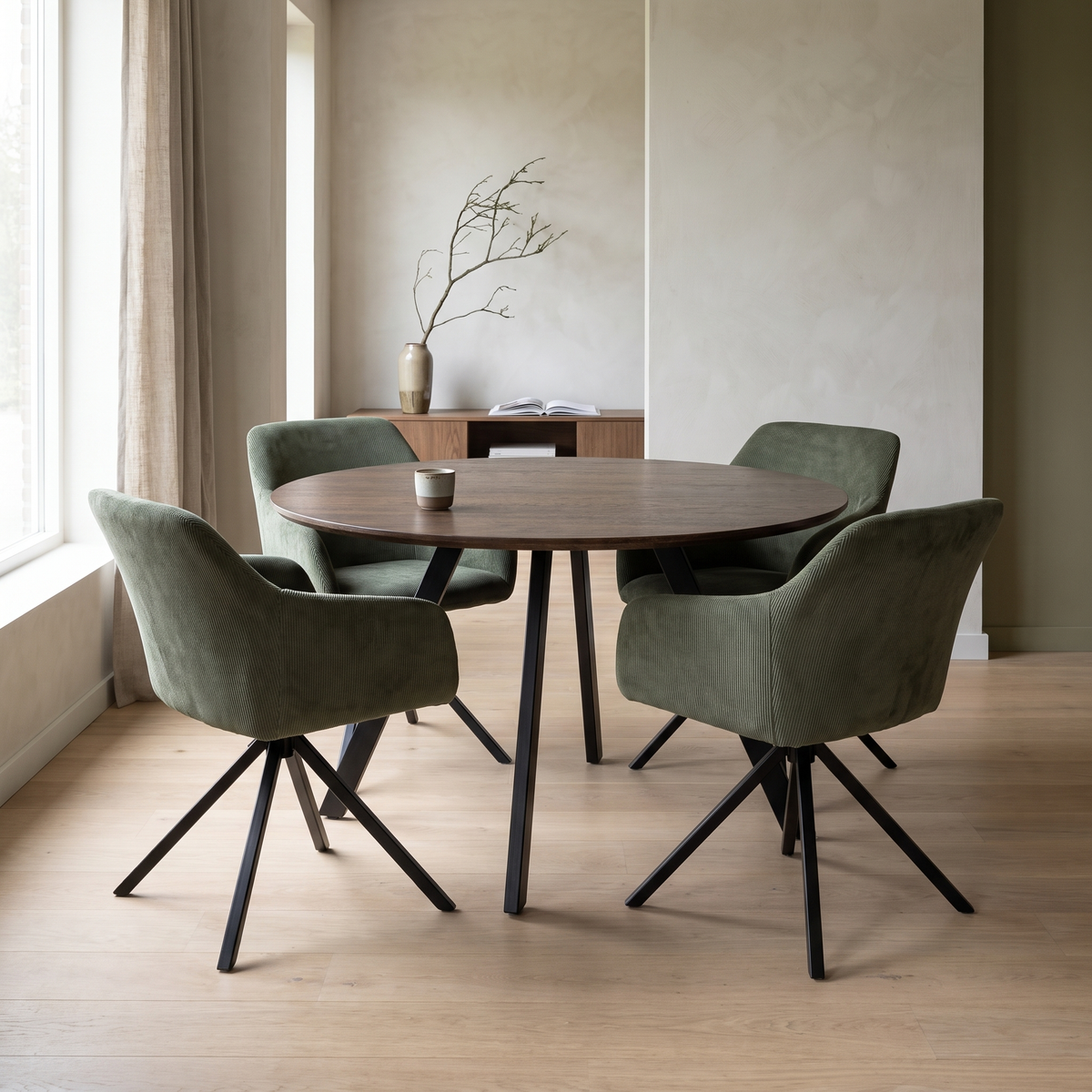 Gyrus Eettafelset met 4 Loren Stoelen - Groen / Donker hout – fotorealistisch interieur 3