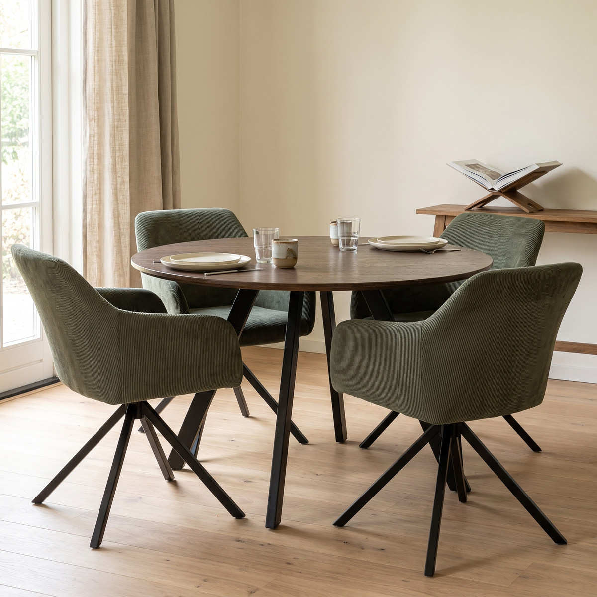 Gyrus Eettafelset met 4 Loren Stoelen - Groen / Donker hout – fotorealistisch interieur 4