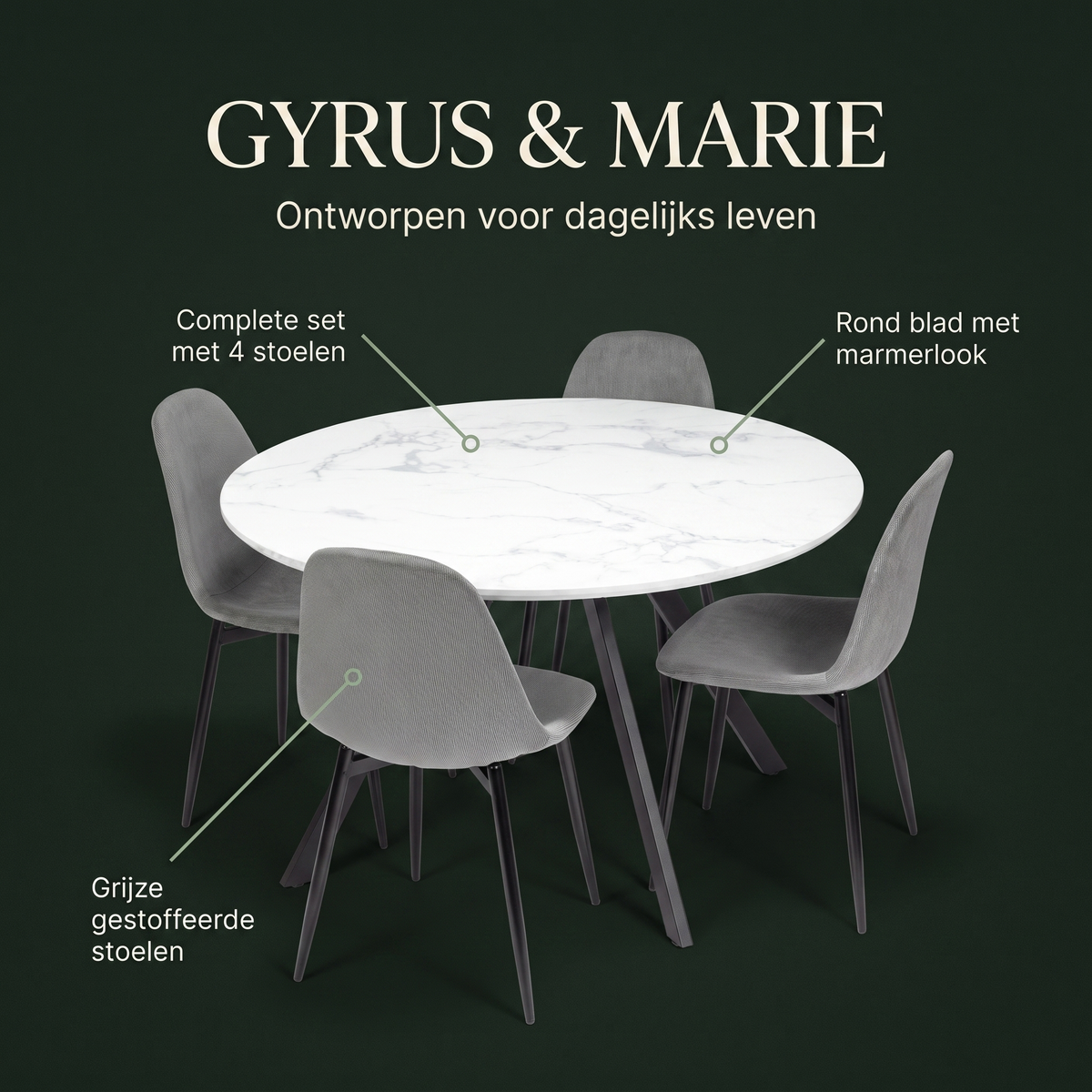 Gyrus Eettafelset met 4 Marie Stoelen - Wit / Grijs – ontwerp en materialen