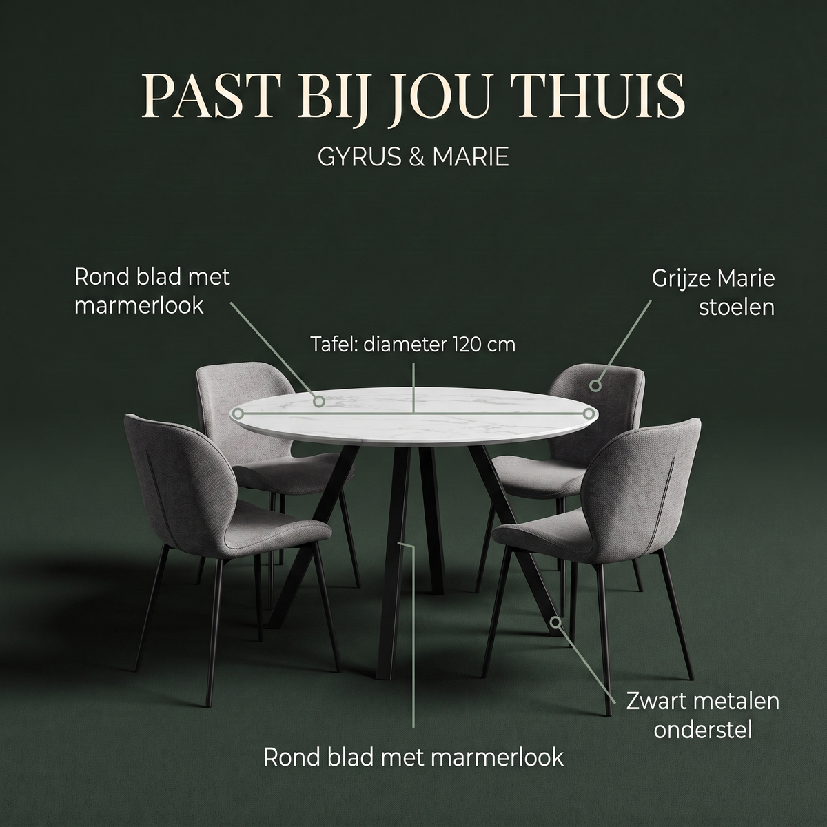 Gyrus Eettafelset met 4 Marie Stoelen - Wit / Grijs – afmetingen