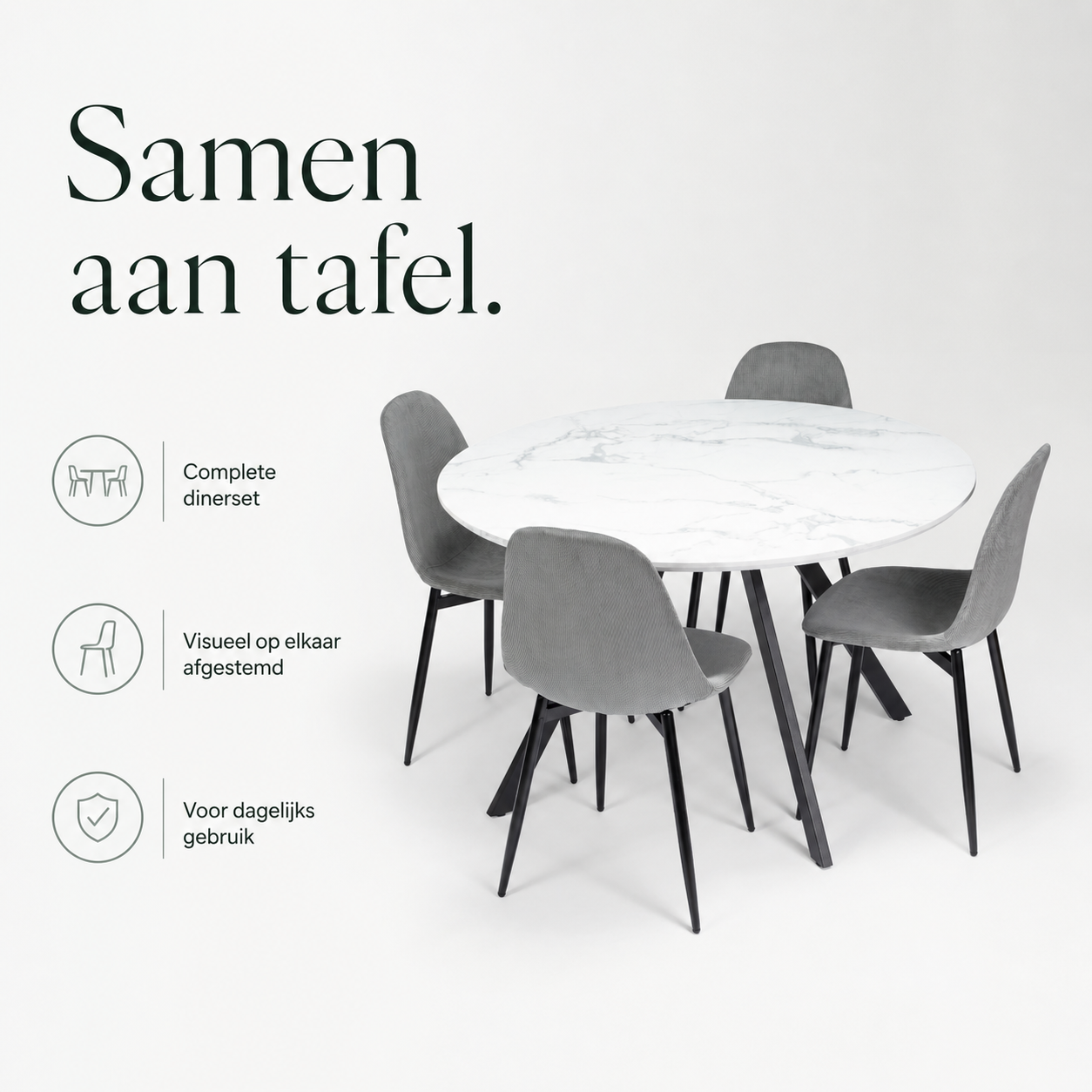 Gyrus Eettafelset met 4 Marie Stoelen - Wit / Grijs infographic